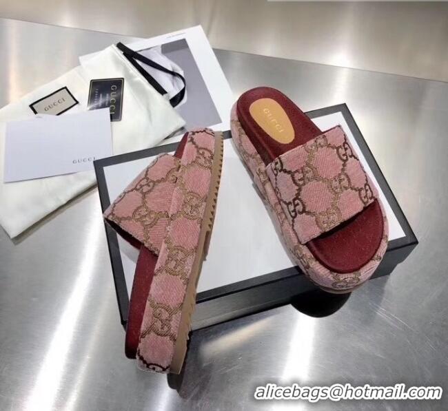 Imitation Gucci Velvet GG Platform Slide Sandal 573018 Pink