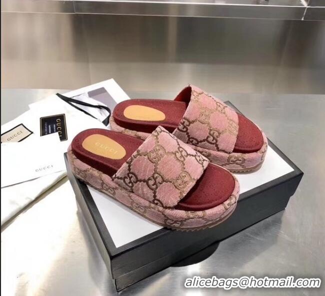 Imitation Gucci Velvet GG Platform Slide Sandal 573018 Pink