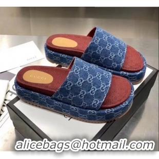 Top Quality Gucci Denim Blue GG Platform Slide Sandal 573018