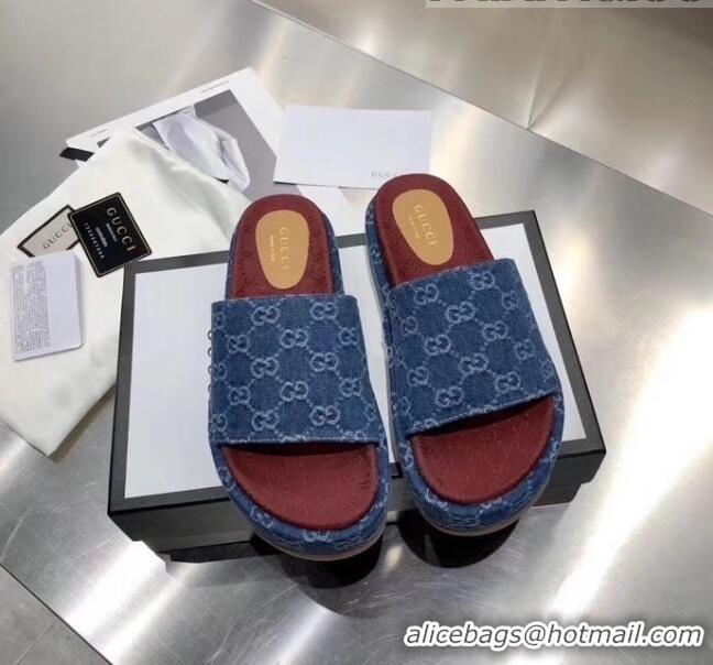 Top Quality Gucci Denim Blue GG Platform Slide Sandal 573018