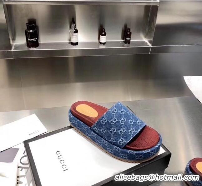 Top Quality Gucci Denim Blue GG Platform Slide Sandal 573018