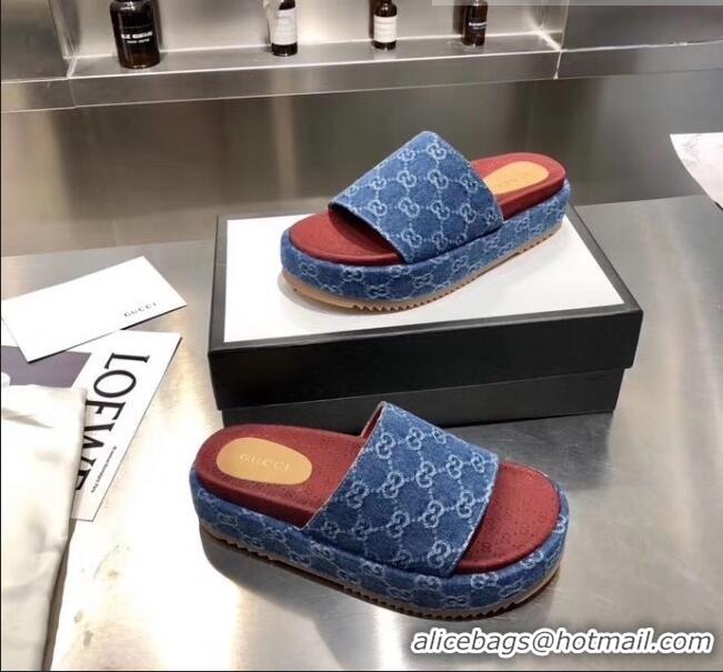 Top Quality Gucci Denim Blue GG Platform Slide Sandal 573018