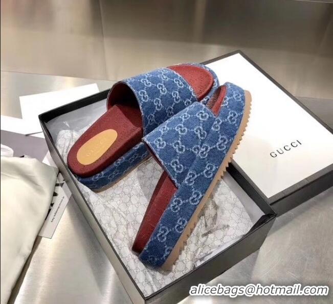 Top Quality Gucci Denim Blue GG Platform Slide Sandal 573018