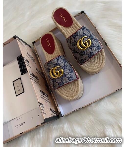 Discount Gucci GG Matelassé Canvas Espadrille Sandal With Cord platform GG1407 Blue 2020