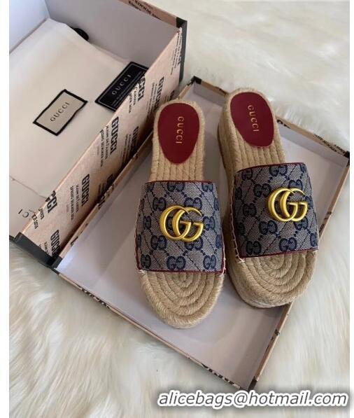 Discount Gucci GG Matelassé Canvas Espadrille Sandal With Cord platform GG1407 Blue 2020