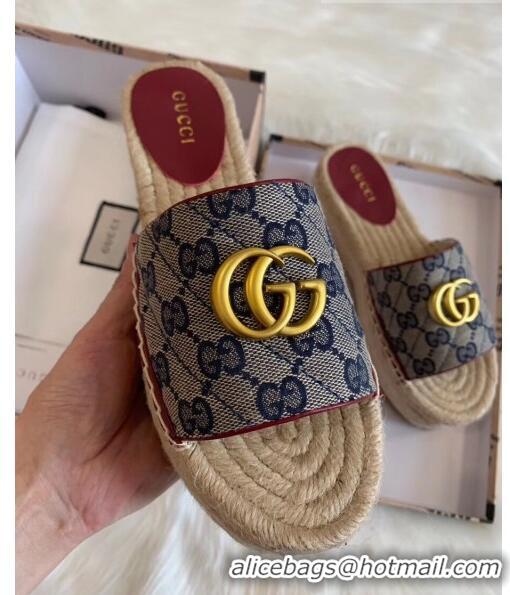 Discount Gucci GG Matelassé Canvas Espadrille Sandal With Cord platform GG1407 Blue 2020