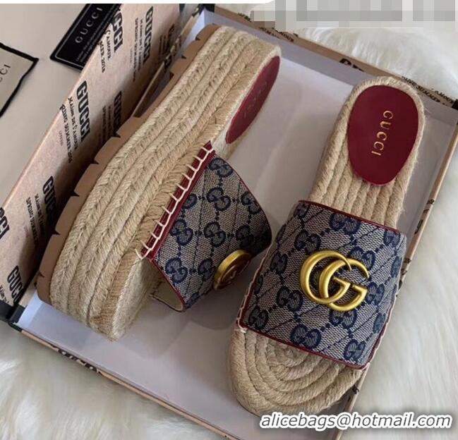 Discount Gucci GG Matelassé Canvas Espadrille Sandal With Cord platform GG1407 Blue 2020