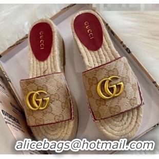 Classic Gucci GG Matelassé Canvas Espadrille Sandal With Cord platform GG1408 Beige/Burgundy 2020