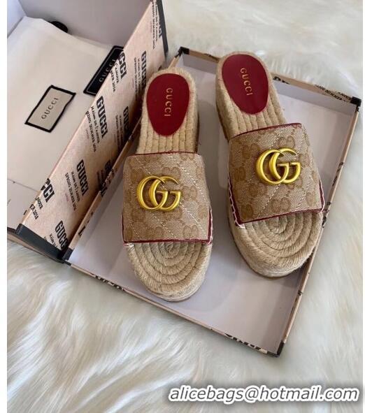 Classic Gucci GG Matelassé Canvas Espadrille Sandal With Cord platform GG1408 Beige/Burgundy 2020