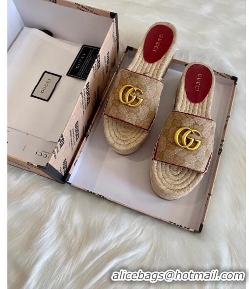 Classic Gucci GG Matelassé Canvas Espadrille Sandal With Cord platform GG1408 Beige/Burgundy 2020