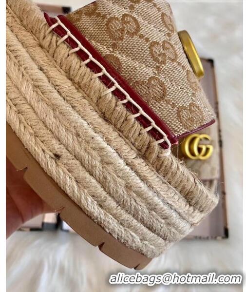 Classic Gucci GG Matelassé Canvas Espadrille Sandal With Cord platform GG1408 Beige/Burgundy 2020