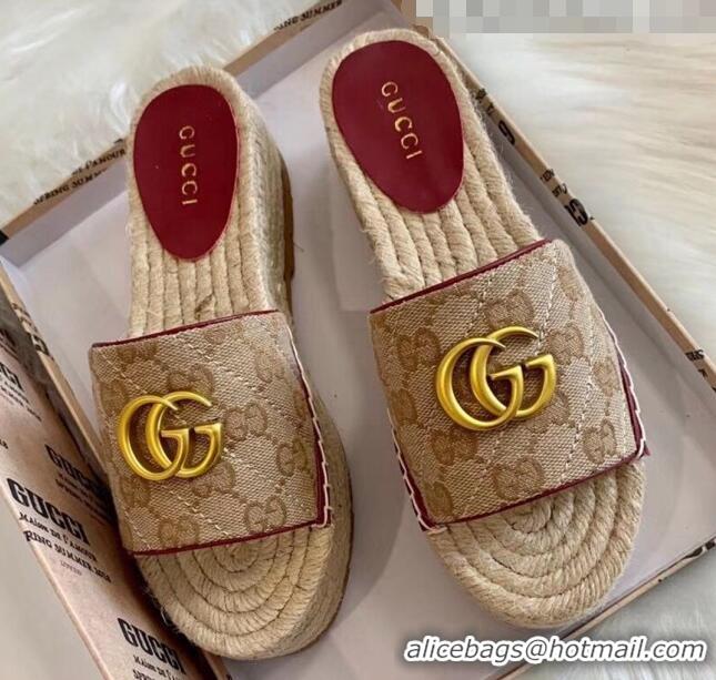 Classic Gucci GG Matelassé Canvas Espadrille Sandal With Cord platform GG1408 Beige/Burgundy 2020