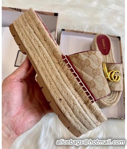 Classic Gucci GG Matelassé Canvas Espadrille Sandal With Cord platform GG1408 Beige/Burgundy 2020