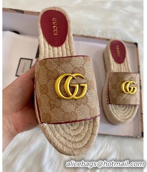 Classic Gucci GG Matelassé Canvas Espadrille Sandal With Cord platform GG1408 Beige/Burgundy 2020