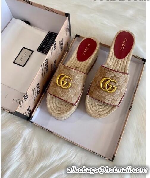 Classic Gucci GG Matelassé Canvas Espadrille Sandal With Cord platform GG1408 Beige/Burgundy 2020