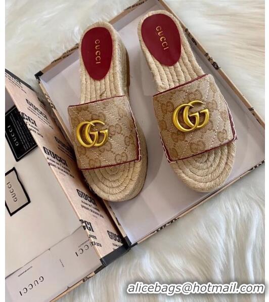 Classic Gucci GG Matelassé Canvas Espadrille Sandal With Cord platform GG1408 Beige/Burgundy 2020