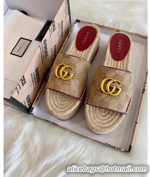 Classic Gucci GG Matelassé Canvas Espadrille Sandal With Cord platform GG1408 Beige/Burgundy 2020