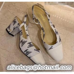 Unique Grade Chanel Slingbacks In Lambskin & CC Logo Printed Fabric G31318 White 2020