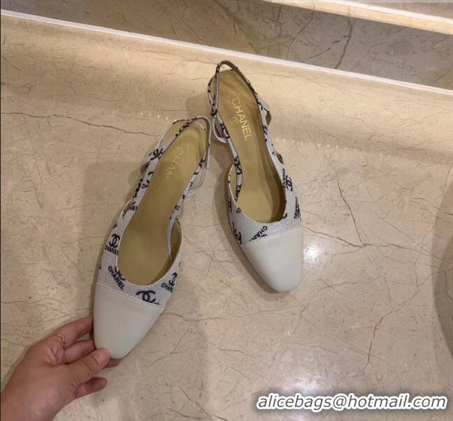 Unique Grade Chanel Slingbacks In Lambskin & CC Logo Printed Fabric G31318 White 2020