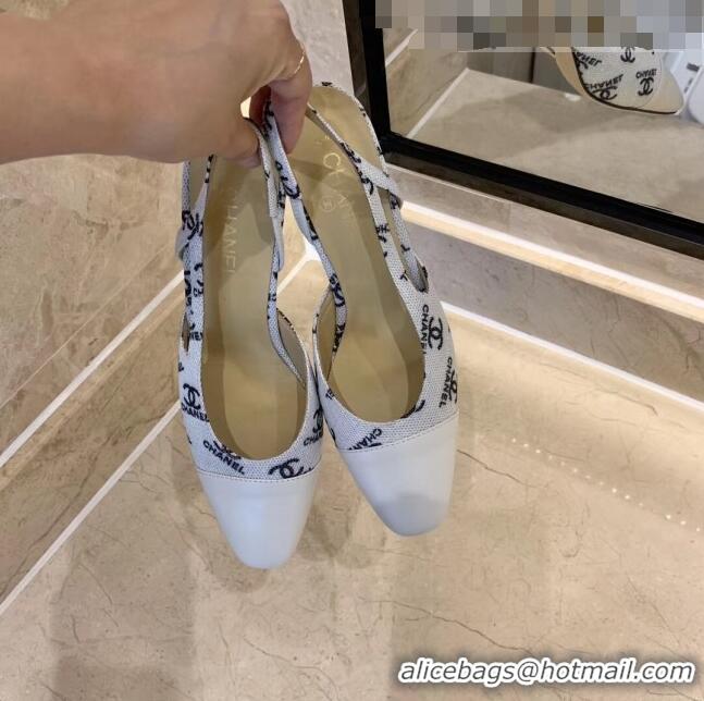 Unique Grade Chanel Slingbacks In Lambskin & CC Logo Printed Fabric G31318 White 2020