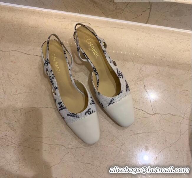 Unique Grade Chanel Slingbacks In Lambskin & CC Logo Printed Fabric G31318 White 2020