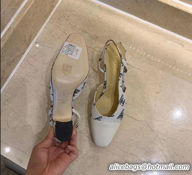 Unique Grade Chanel Slingbacks In Lambskin & CC Logo Printed Fabric G31318 White 2020