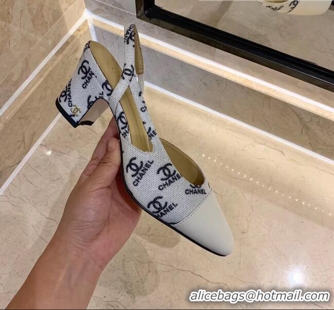 Unique Grade Chanel Slingbacks In Lambskin & CC Logo Printed Fabric G31318 White 2020