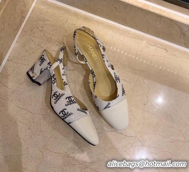 Unique Grade Chanel Slingbacks In Lambskin & CC Logo Printed Fabric G31318 White 2020