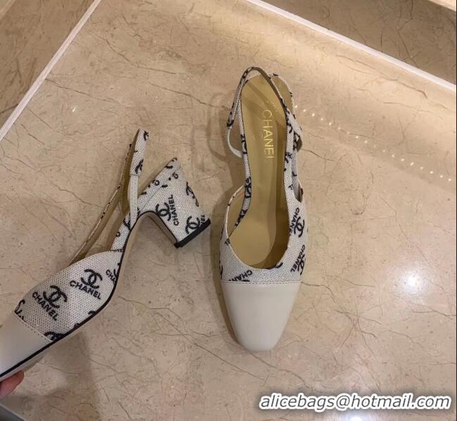 Unique Grade Chanel Slingbacks In Lambskin & CC Logo Printed Fabric G31318 White 2020