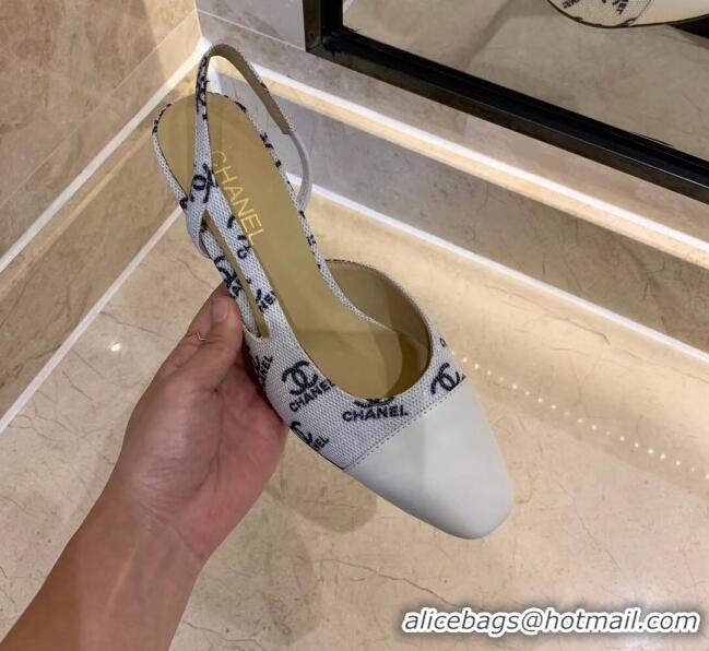 Unique Grade Chanel Slingbacks In Lambskin & CC Logo Printed Fabric G31318 White 2020