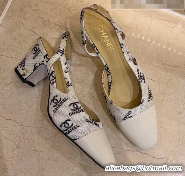 Unique Grade Chanel Slingbacks In Lambskin & CC Logo Printed Fabric G31318 White 2020