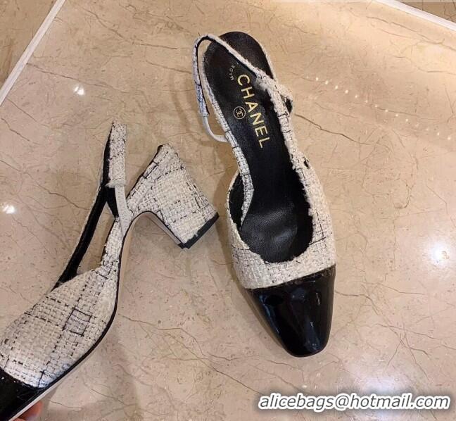 Super Quality Chanel Slingbacks In Patent Leather & Tweed G31318 White/Black 2020