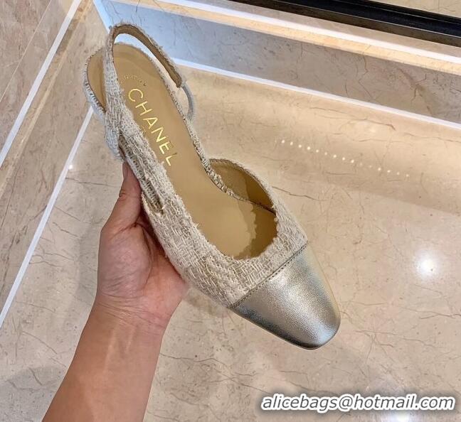 Inexpensive Chanel Slingbacks In Lambskin & Tweed G31318 Beige /Silver 2020