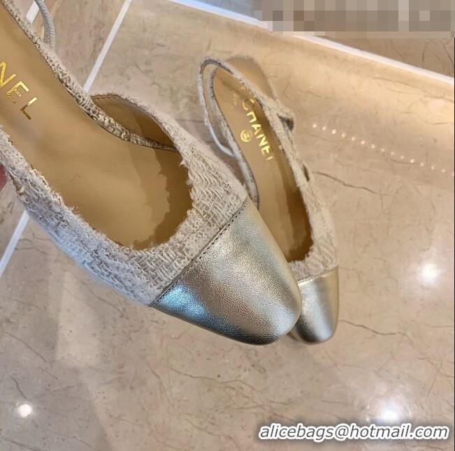 Inexpensive Chanel Slingbacks In Lambskin & Tweed G31318 Beige /Silver 2020