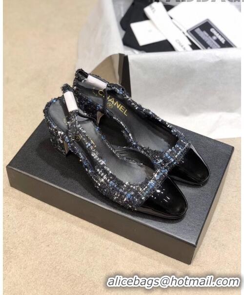 Cheapest Chanel Slingbacks In Patent Leather & Tweed G31318 Black/Blue 2020