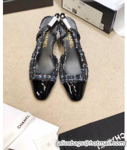 Cheapest Chanel Slingbacks In Patent Leather & Tweed G31318 Black/Blue 2020