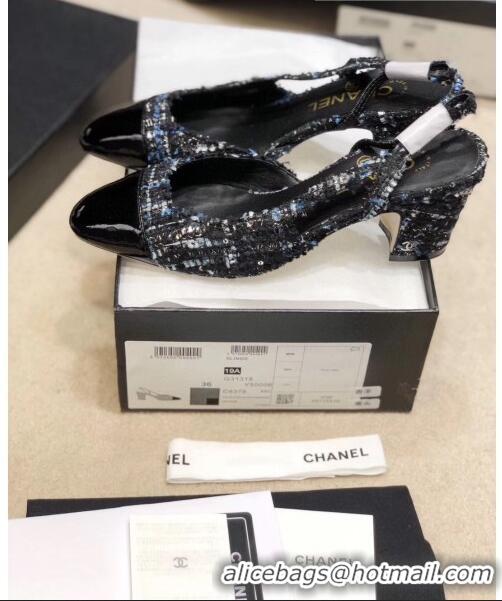 Cheapest Chanel Slingbacks In Patent Leather & Tweed G31318 Black/Blue 2020