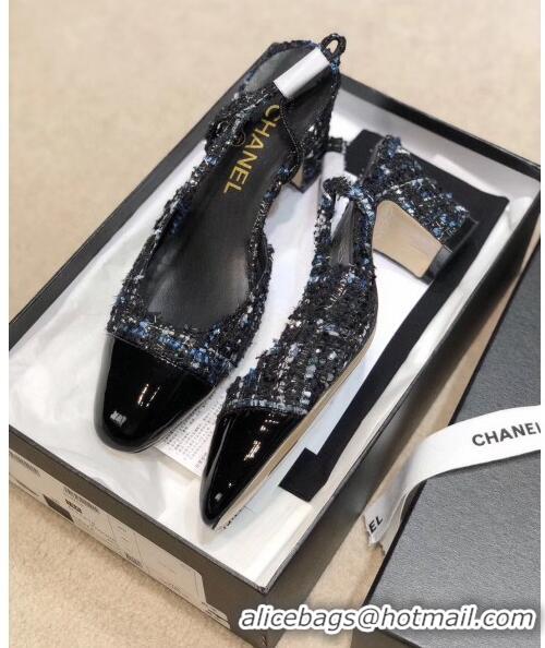 Cheapest Chanel Slingbacks In Patent Leather & Tweed G31318 Black/Blue 2020