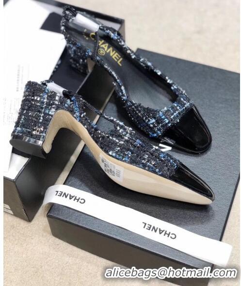 Cheapest Chanel Slingbacks In Patent Leather & Tweed G31318 Black/Blue 2020