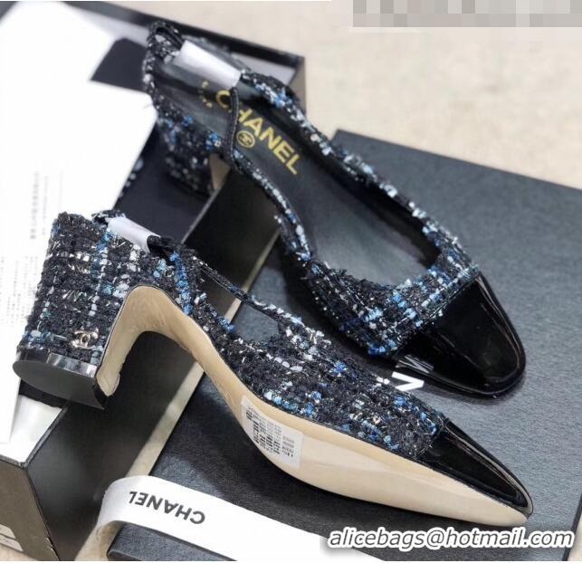 Cheapest Chanel Slingbacks In Patent Leather & Tweed G31318 Black/Blue 2020