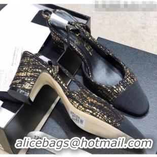 Low Price Chanel Slingbacks In Grosgrain & Tweed G31318 Black/Gold 2020