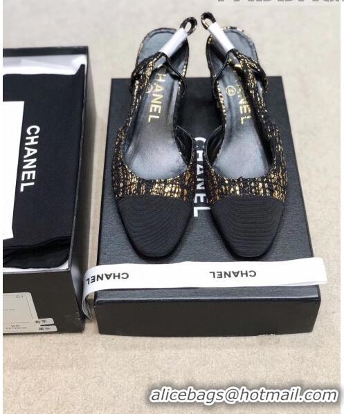 Low Price Chanel Slingbacks In Grosgrain & Tweed G31318 Black/Gold 2020