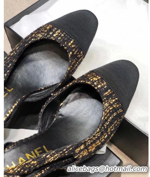 Low Price Chanel Slingbacks In Grosgrain & Tweed G31318 Black/Gold 2020