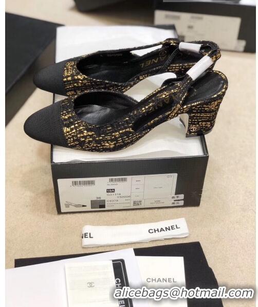 Low Price Chanel Slingbacks In Grosgrain & Tweed G31318 Black/Gold 2020