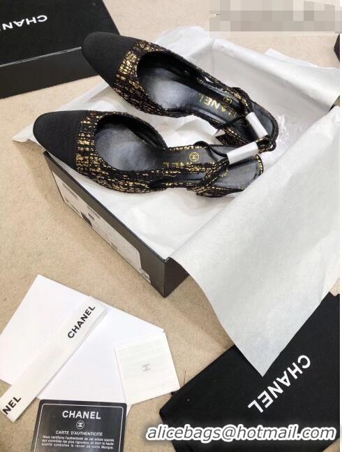 Low Price Chanel Slingbacks In Grosgrain & Tweed G31318 Black/Gold 2020