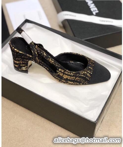 Low Price Chanel Slingbacks In Grosgrain & Tweed G31318 Black/Gold 2020