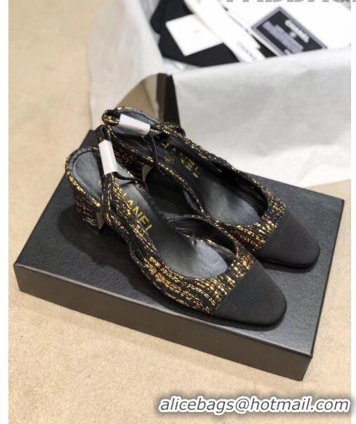 Low Price Chanel Slingbacks In Grosgrain & Tweed G31318 Black/Gold 2020