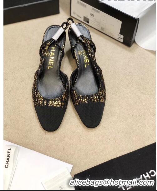 Low Price Chanel Slingbacks In Grosgrain & Tweed G31318 Black/Gold 2020