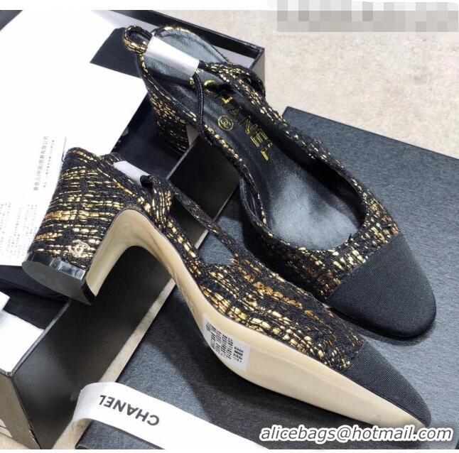 Low Price Chanel Slingbacks In Grosgrain & Tweed G31318 Black/Gold 2020