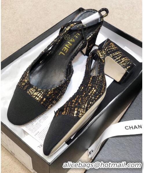 Low Price Chanel Slingbacks In Grosgrain & Tweed G31318 Black/Gold 2020